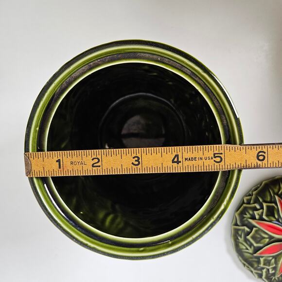Enesco Poinsettia Cookie Jar‎ Canister Lid Green Red Flower Christmas Holiday
